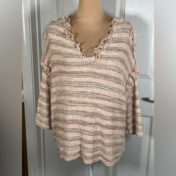 FREE PEOPLE SPELLS TROUBLE BROWN & BEIGE DISTRESSED RAW SWEATER - Picture 10 of 12